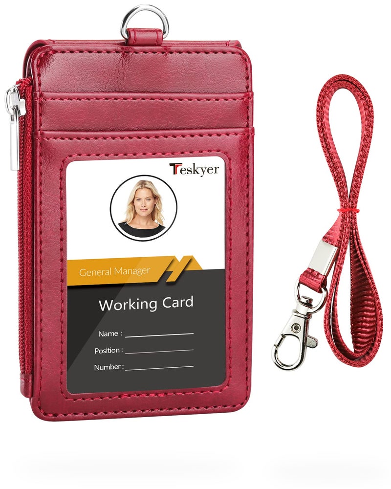 Teskyer Badge Holder with Side Zip Pocket, Multiple Card Slots Leather ID Holder Wallet with Neck Lanyard for Office Staffs, Teachers/Students, Couriers, Workers, Red - Image 1